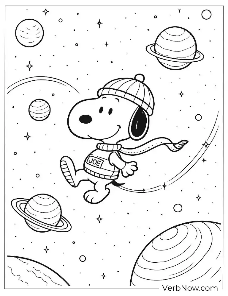 Snoopy floats through space coloring page