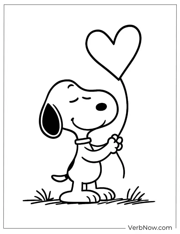 Snoopy holds a heart balloon coloring page