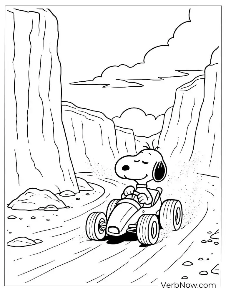 Snoopy races a small car coloring page