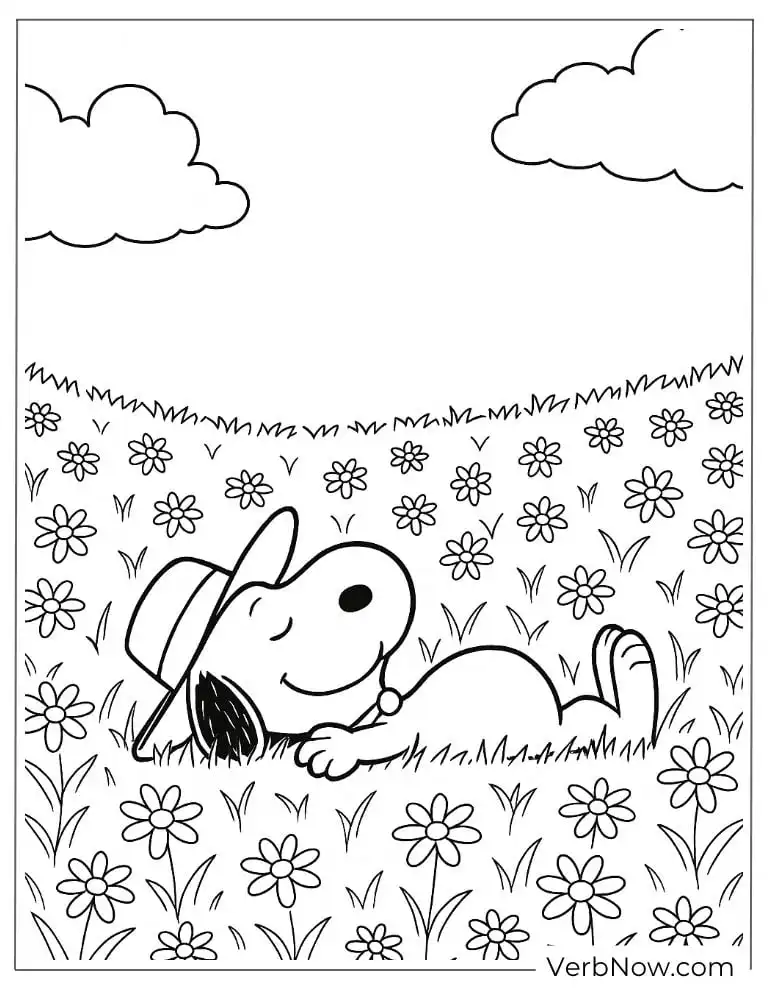 Snoopy lies in a flower field coloring sheet