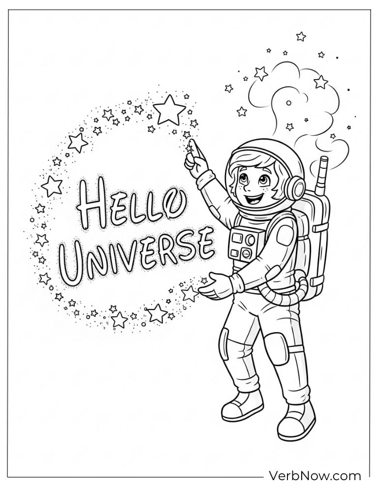 An astronaut waves with “Hello Universe”