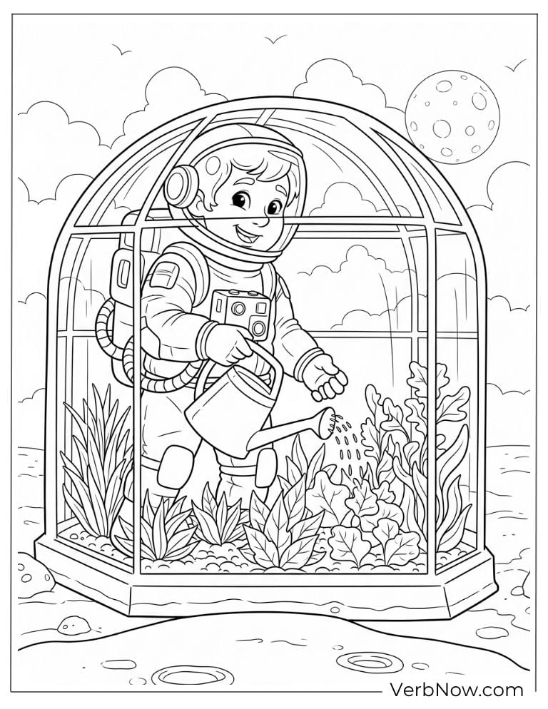 An astronaut plants inside a glass dome on Mars