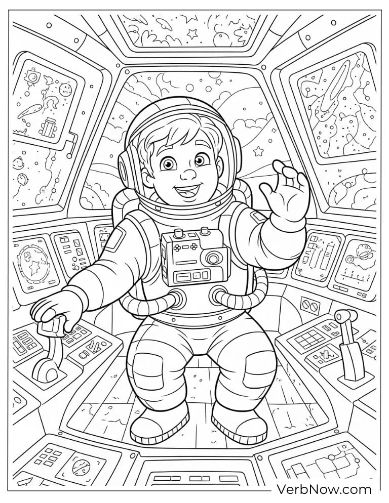 A cheerful astronaut controls a spaceship from the cockpit