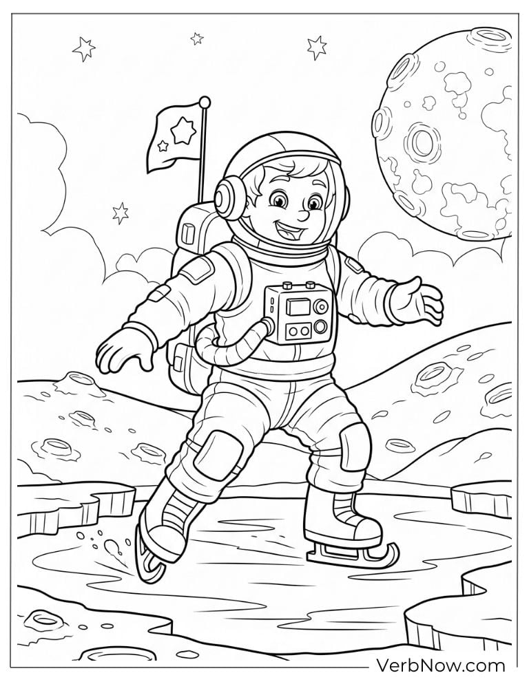 An astronaut waves the flag while exploring a moon
