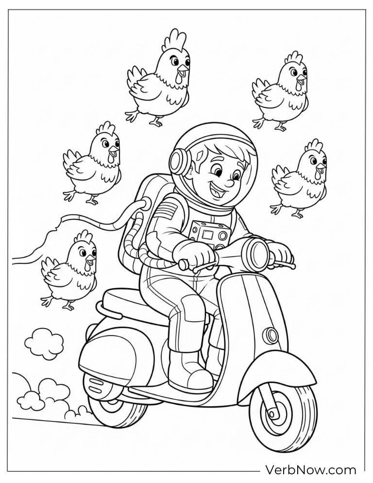 A space traveler rides a scooter with chickens