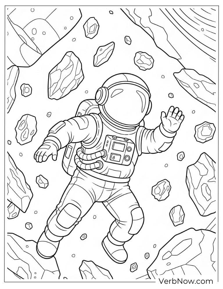 An astronaut floats through an asteroid field in outer space