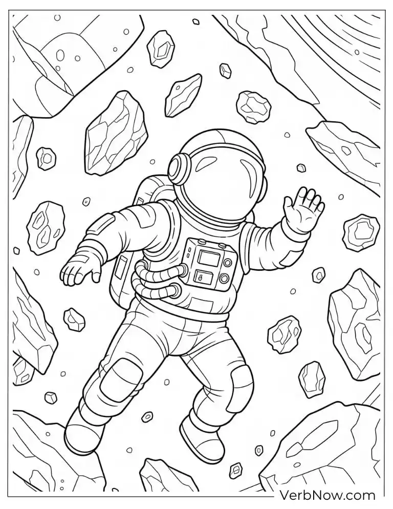 An astronaut floats through an asteroid field in outer space