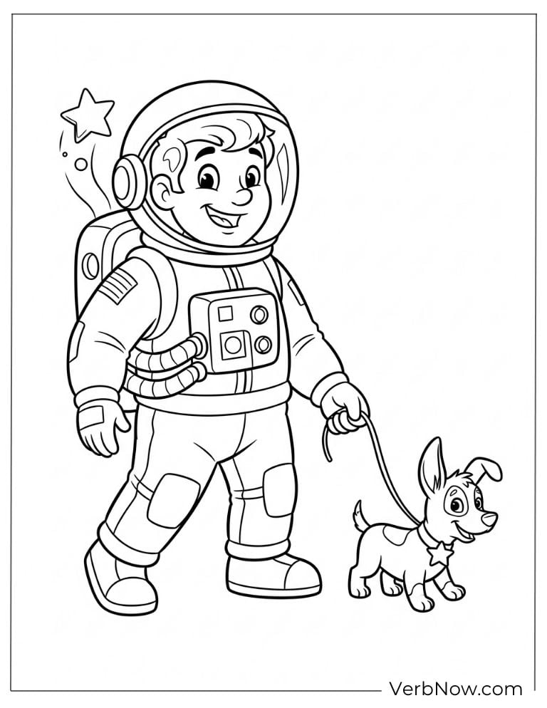 A happy astronaut walks a dog in a space coloring page