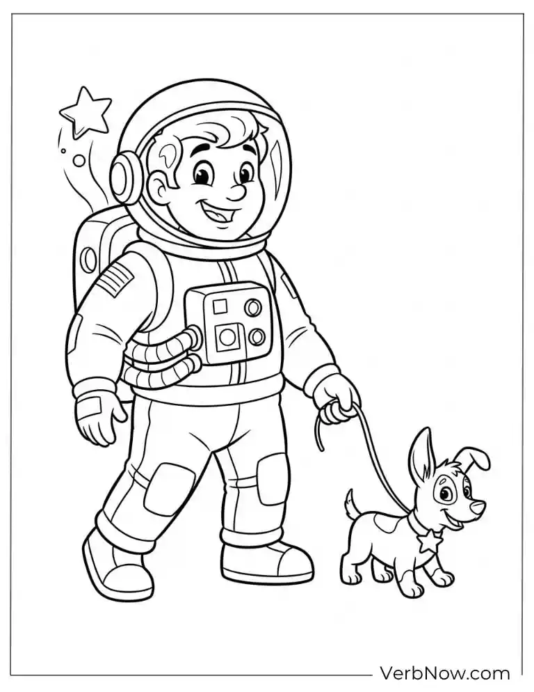 A happy astronaut walks a dog in a space coloring page