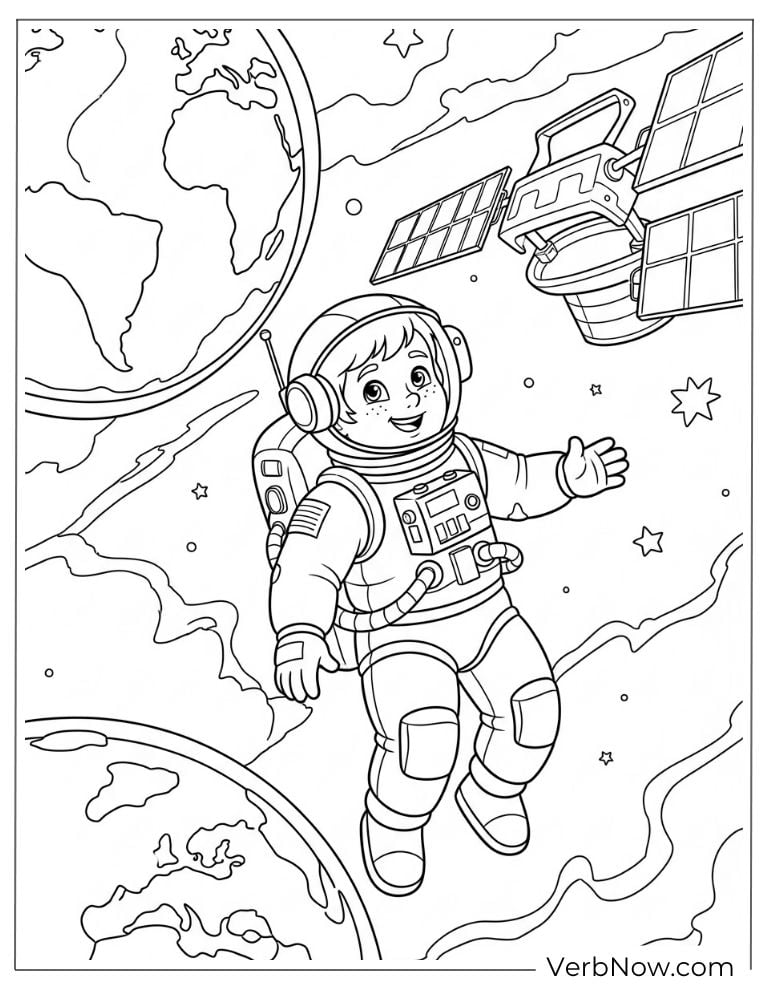 A young astronaut floats in space near Earth