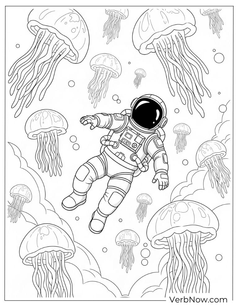 Astronaut floats among giant glowing space jellyfish