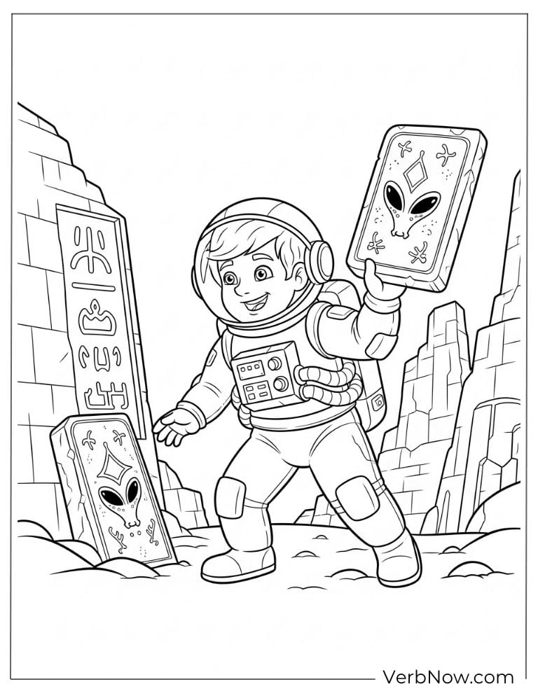 An astronaut holds up a glowing alien tablet