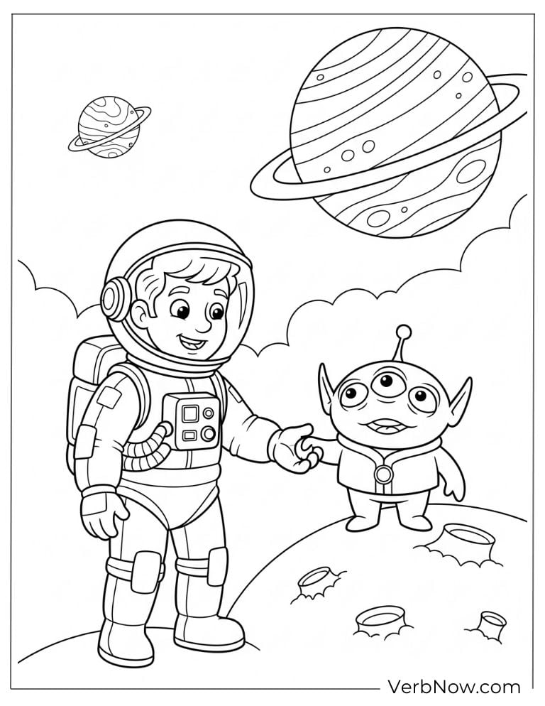 An astronaut and a cute alien hold hands