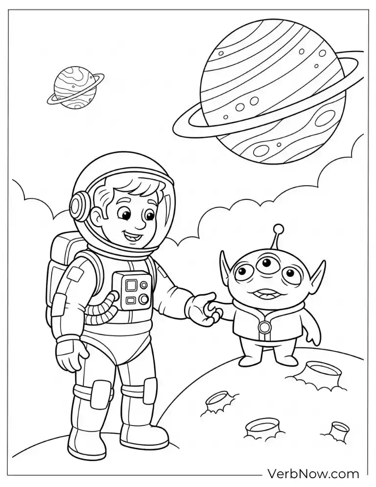 An astronaut and a cute alien hold hands
