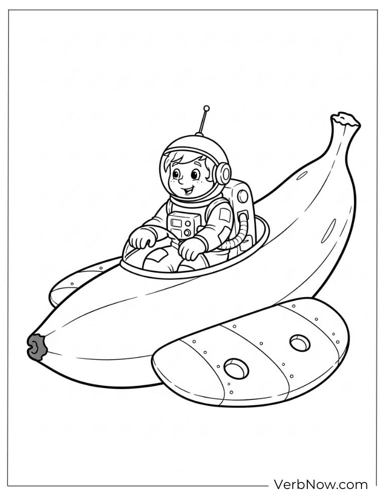 An astronaut rides a banana-shaped spaceship across space