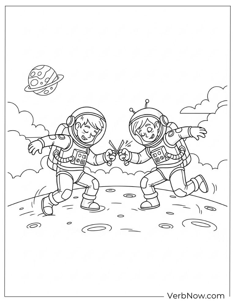 Two astronauts dance joyfully on a colorful alien world
