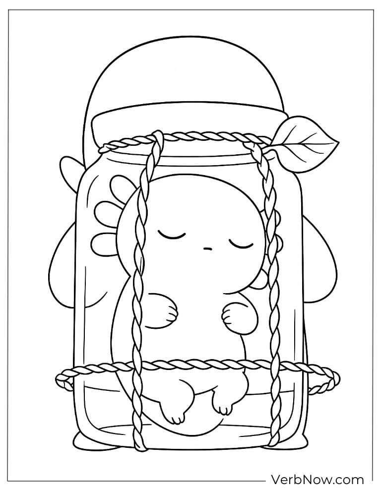 Cute axolotl sitting inside a jar coloring page