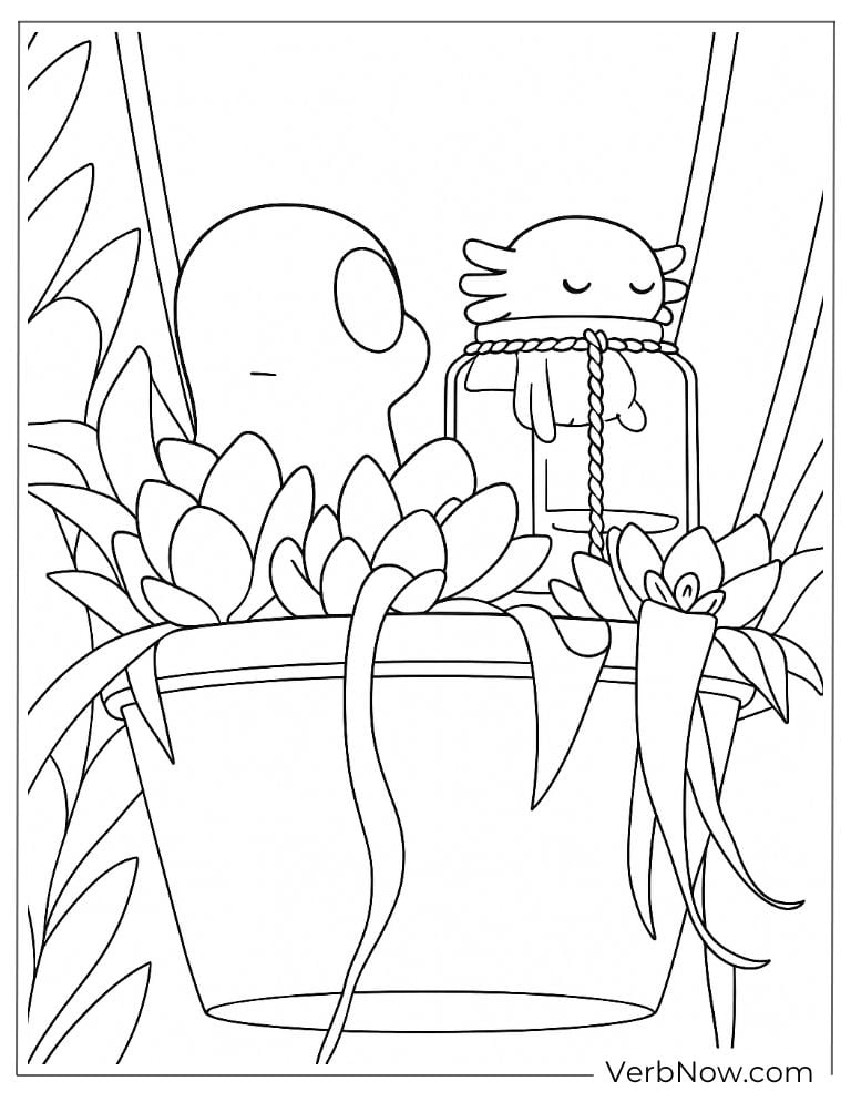 Tiny axolotl sitting inside a jar coloring page