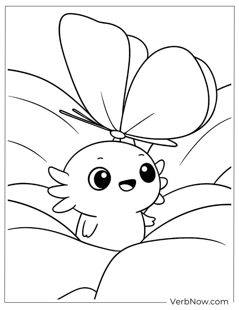Axolotl looking up at a butterfly on a leaf