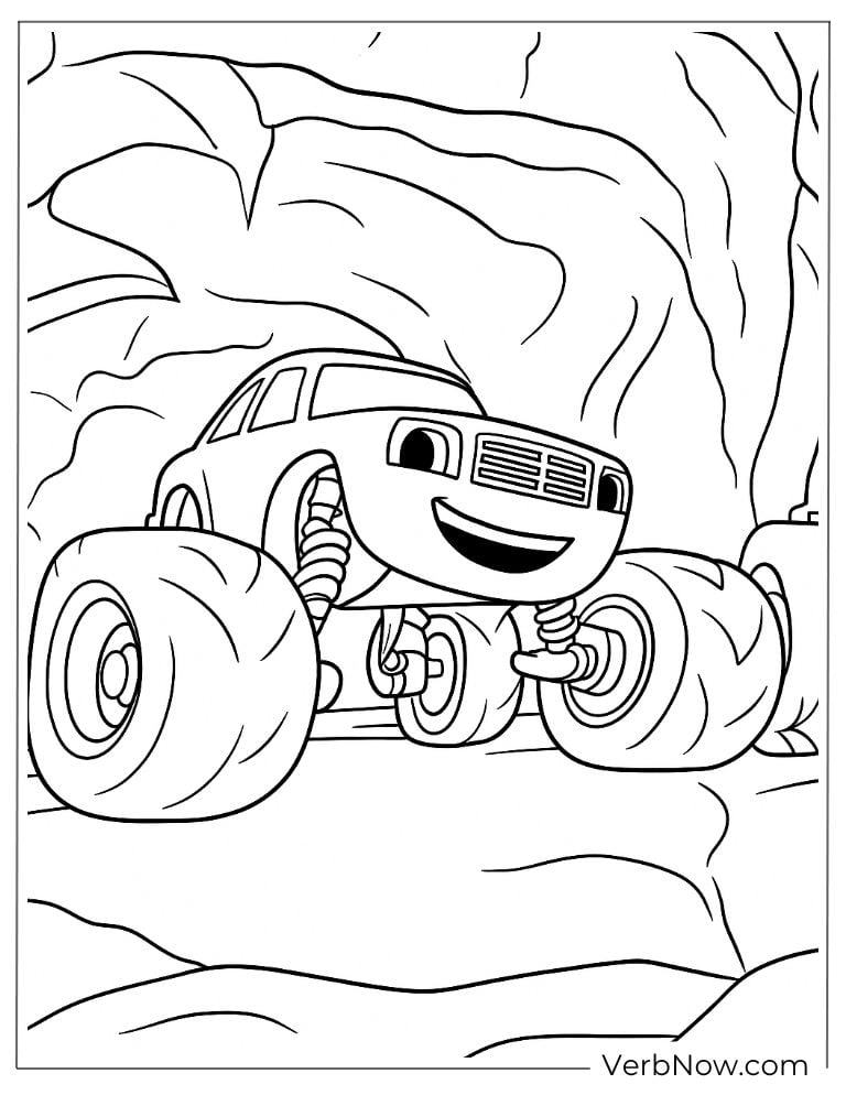 Blaze speeds out of a rocky cave coloring page