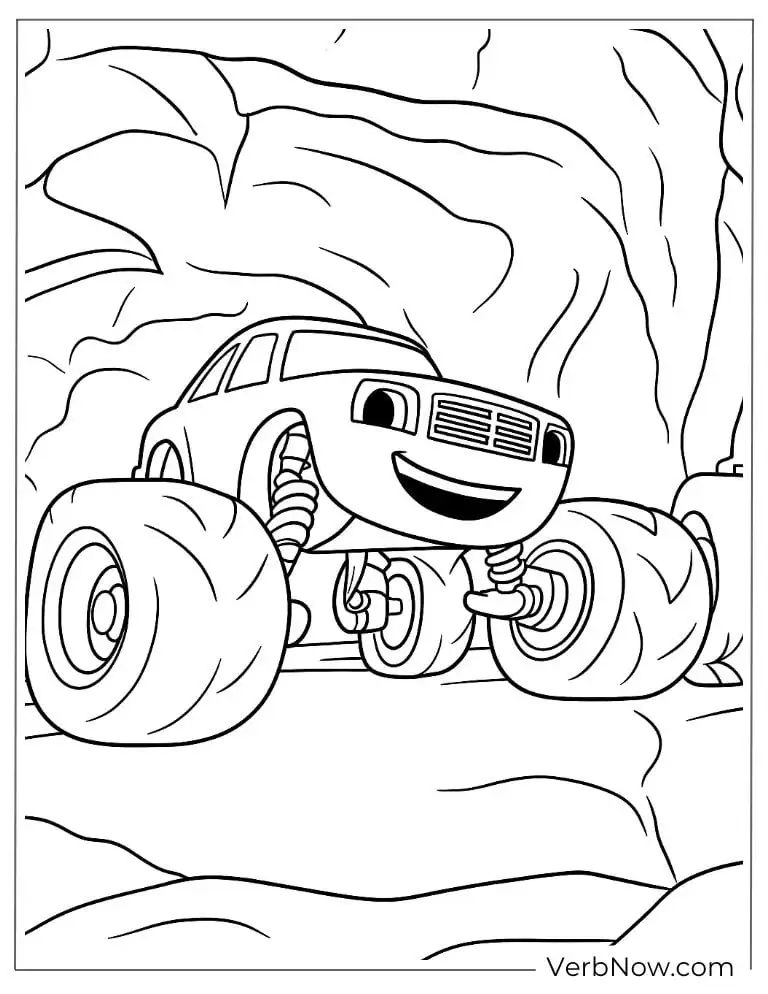 Blaze speeds out of a rocky cave coloring page
