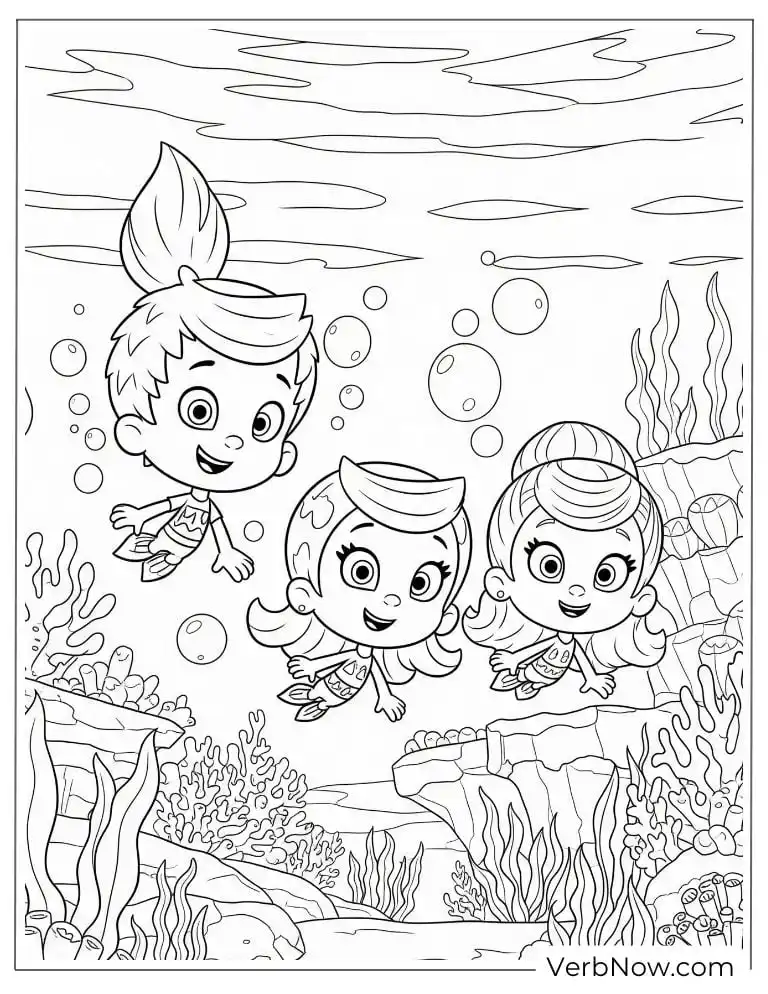 Three Bubble Guppies happily swim through a coral reef