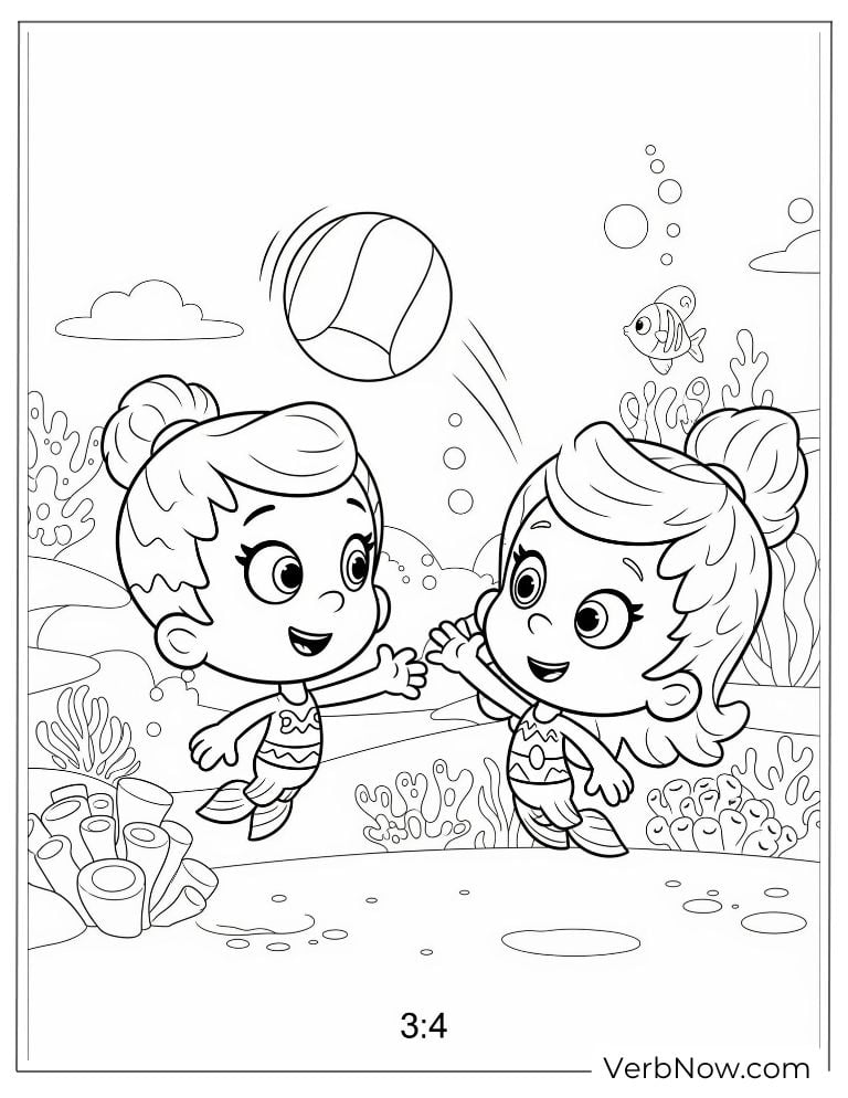 Two guppies build a sandcastle and play with a beach ball