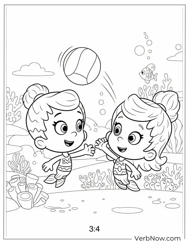 Two guppies build a sandcastle and play with a beach ball