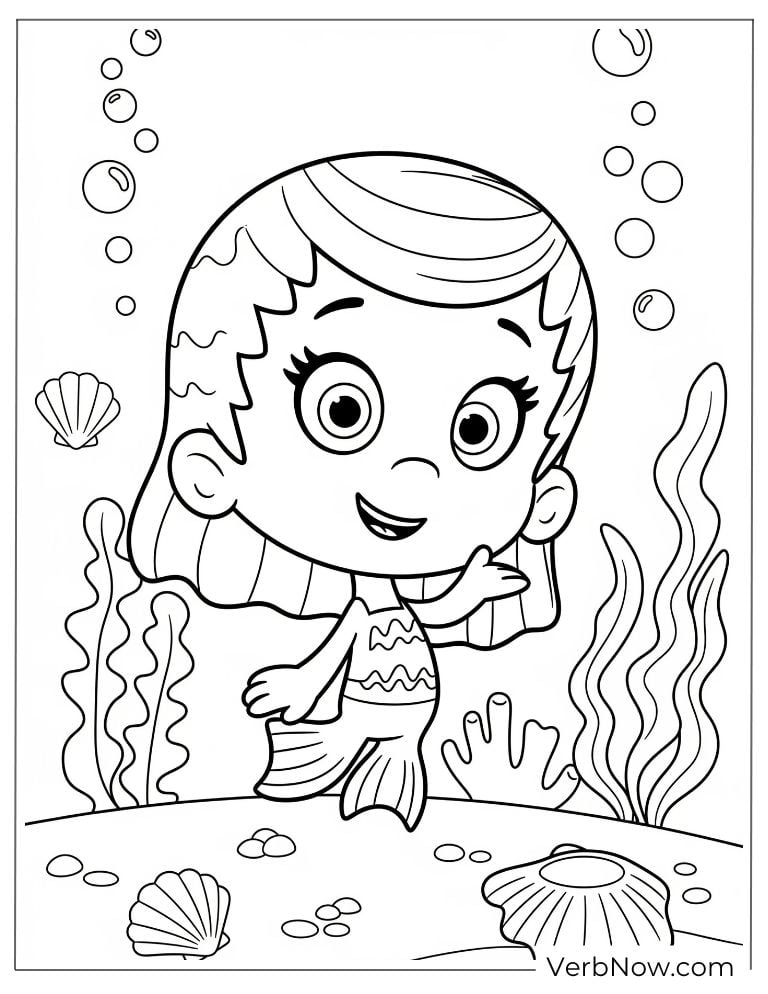 Molly floats among seashells coloring page