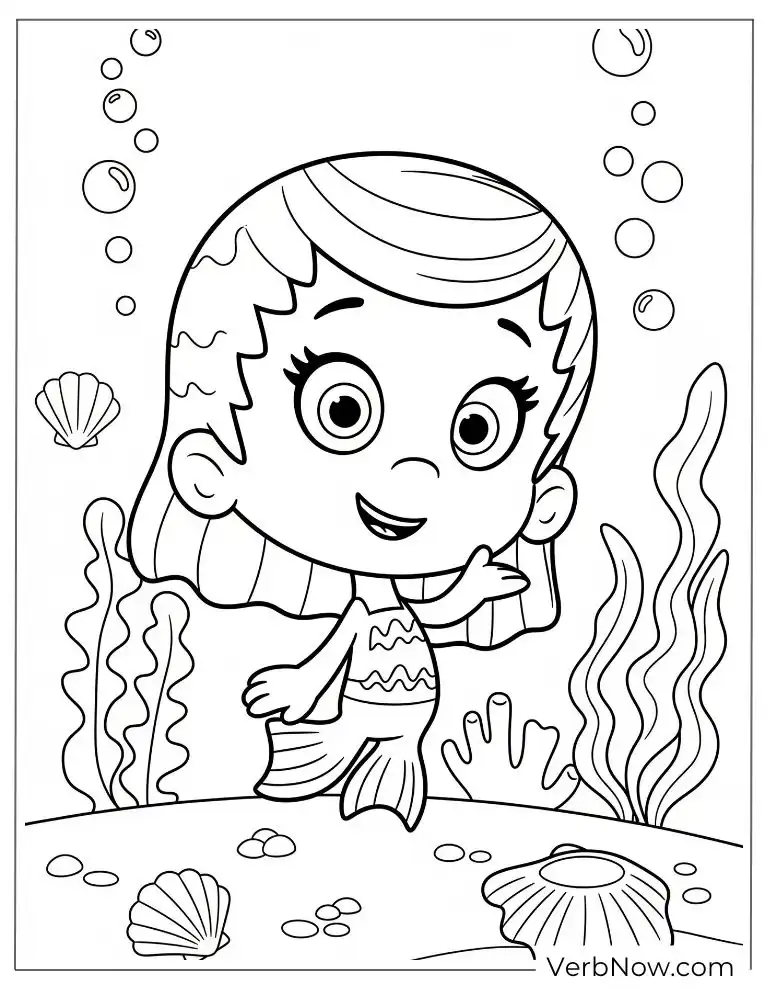 Molly floats among seashells coloring page