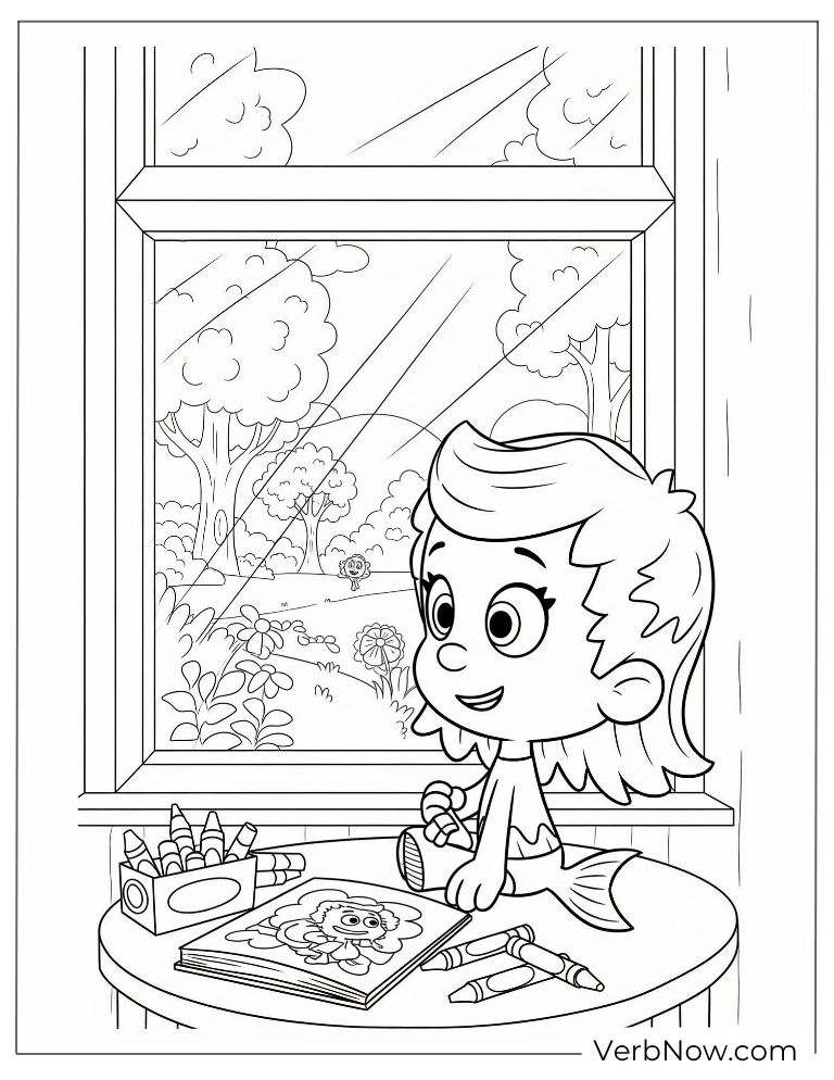 A guppy colors a picture while sitting near a window