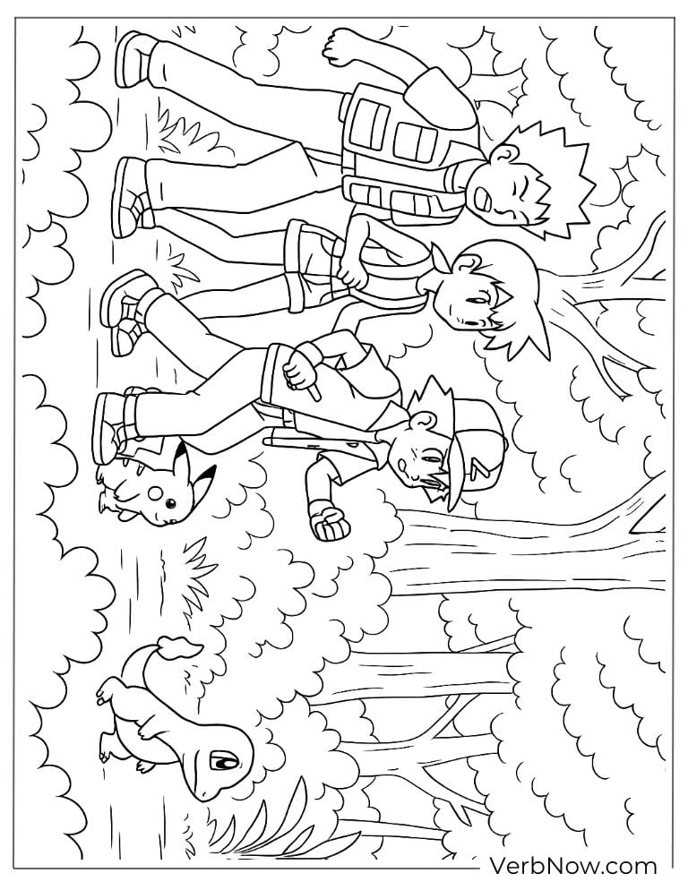 Charmander walking in the forest with Pikachu and trainers