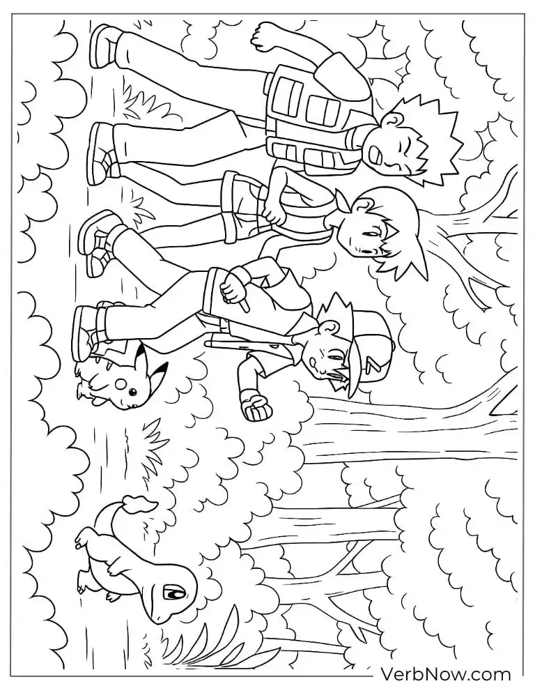 Charmander walking in the forest with Pikachu and trainers