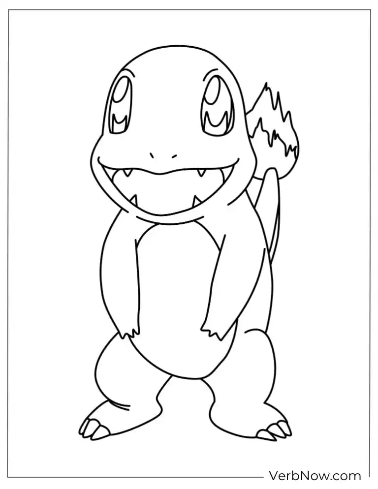 Charmander standing upright with a big cheerful smile