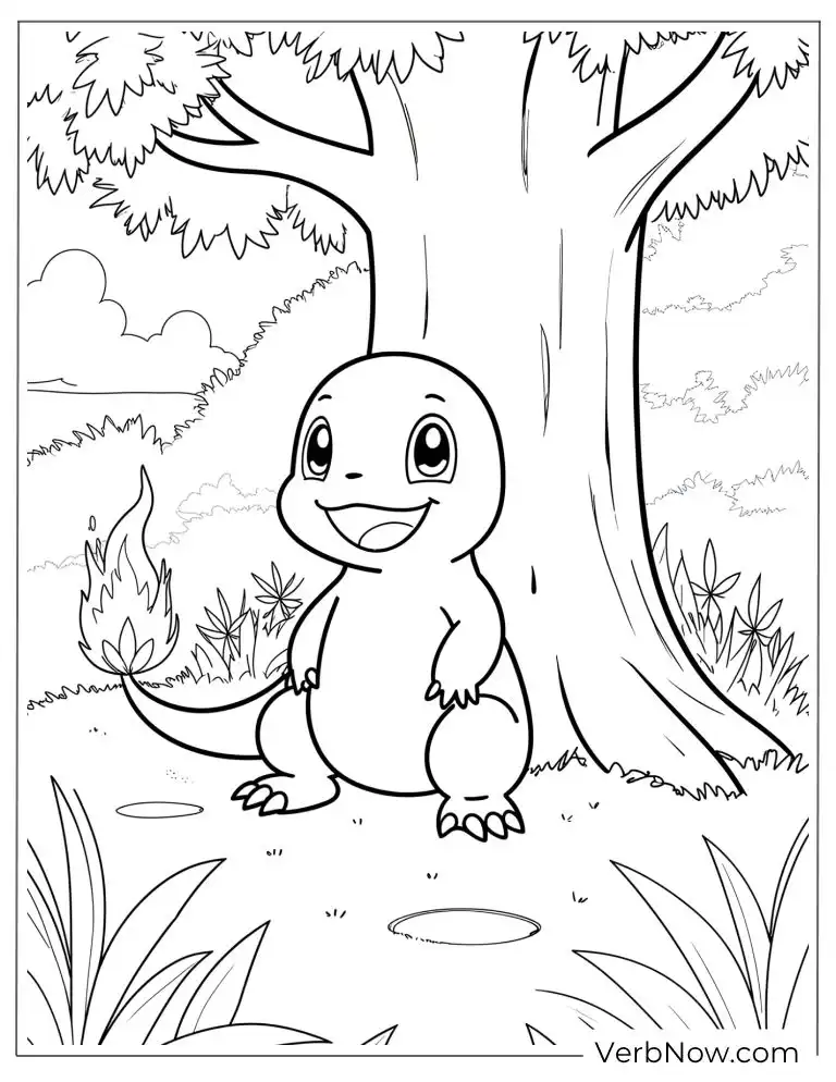 Charmander smiling under a tree
