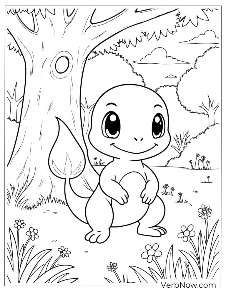 Excited Charmander standing among flowers
