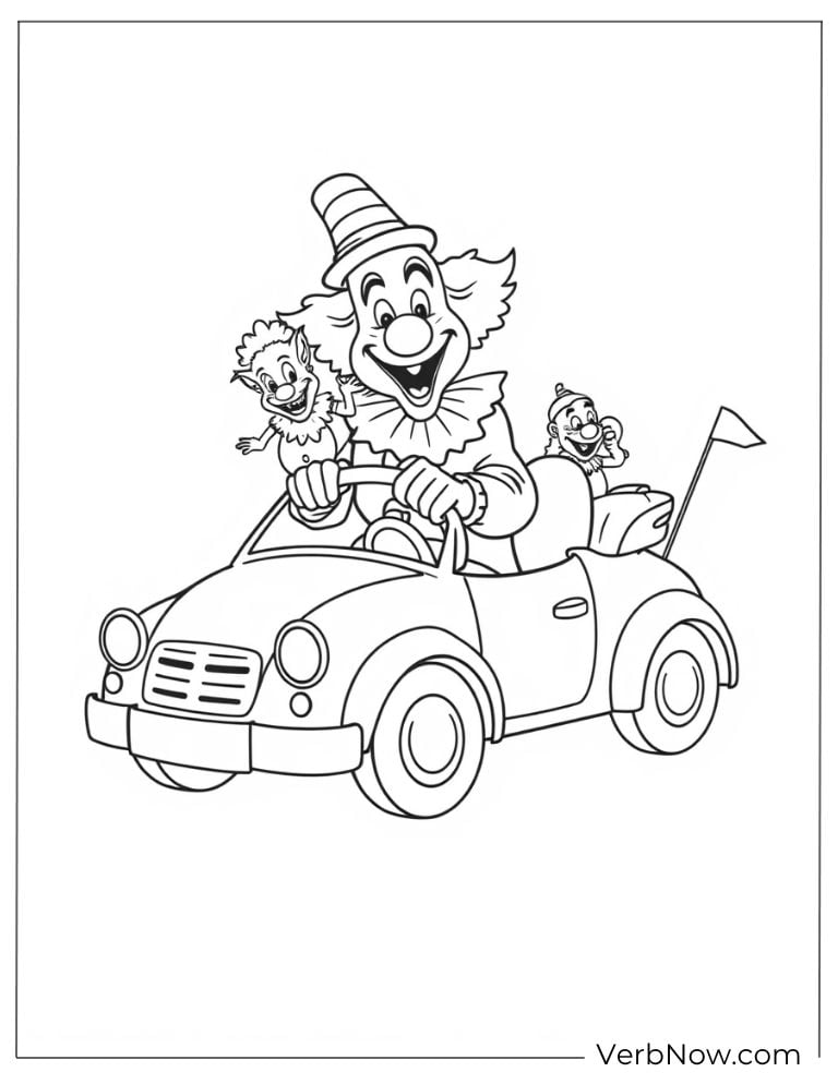 A clown drives a tiny car with balloons and fun
