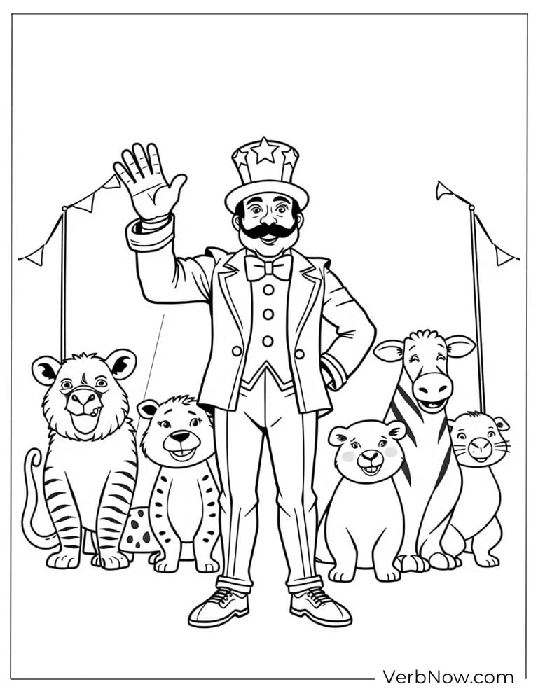 The ringmaster stands proudly with lions and tigers