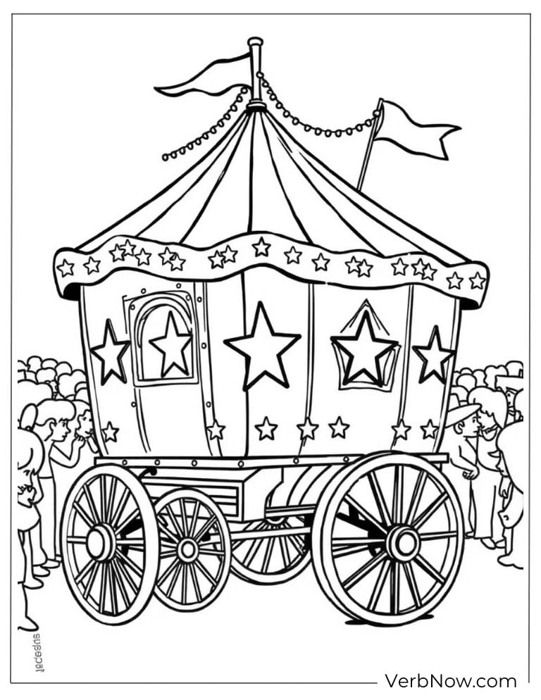 A decorated circus wagon stands ready for the show