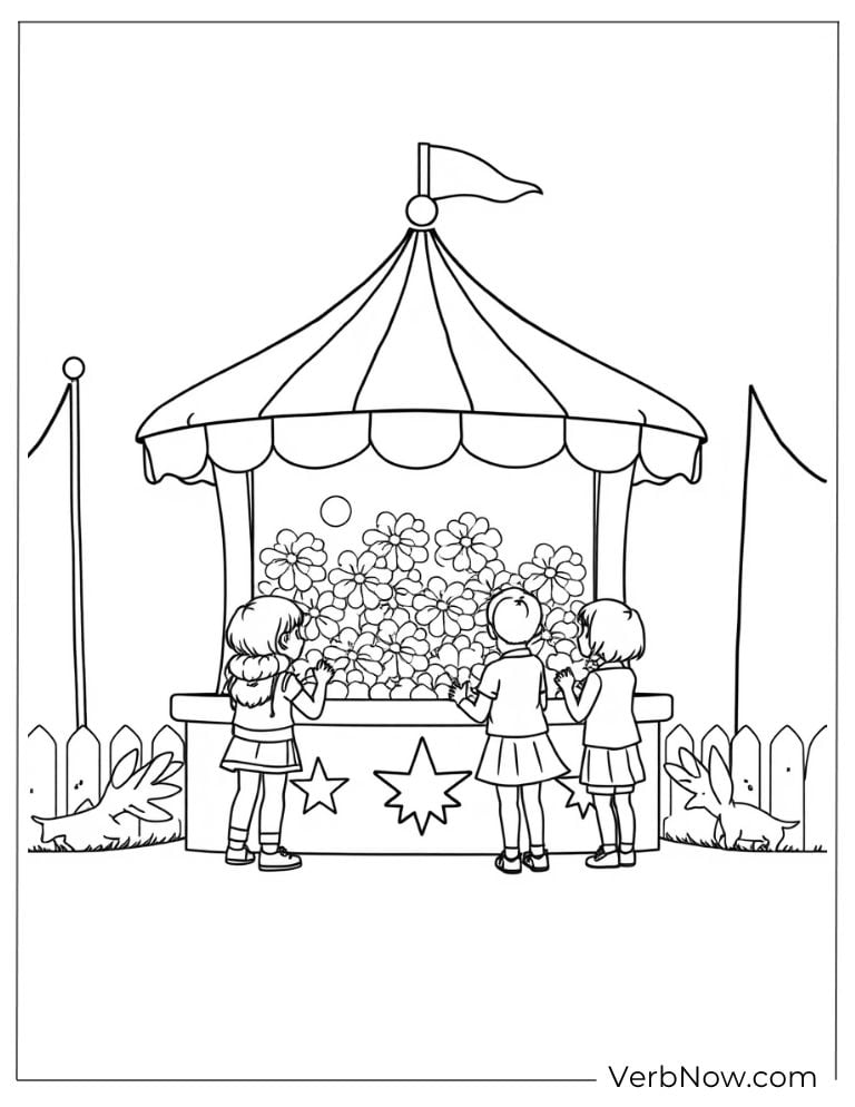 Children play a ball toss game at a carnival booth
