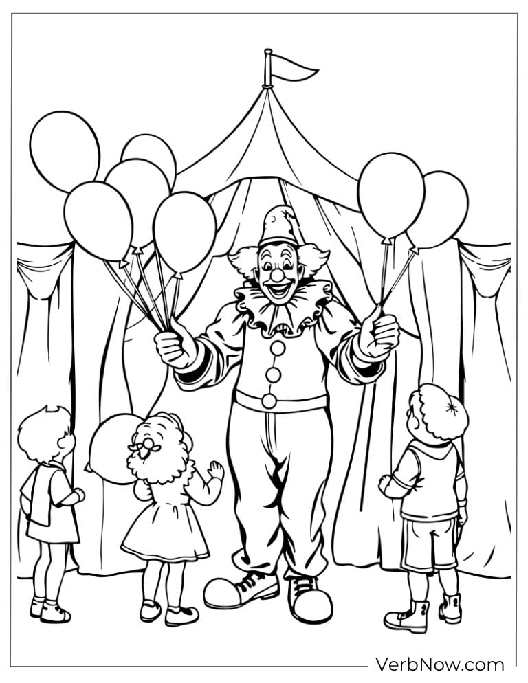 A cheerful clown gives balloons to happy children