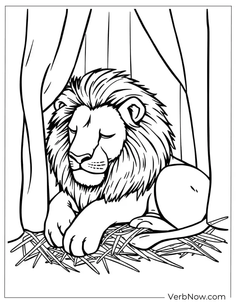 A peaceful lion rests behind the stage curtain