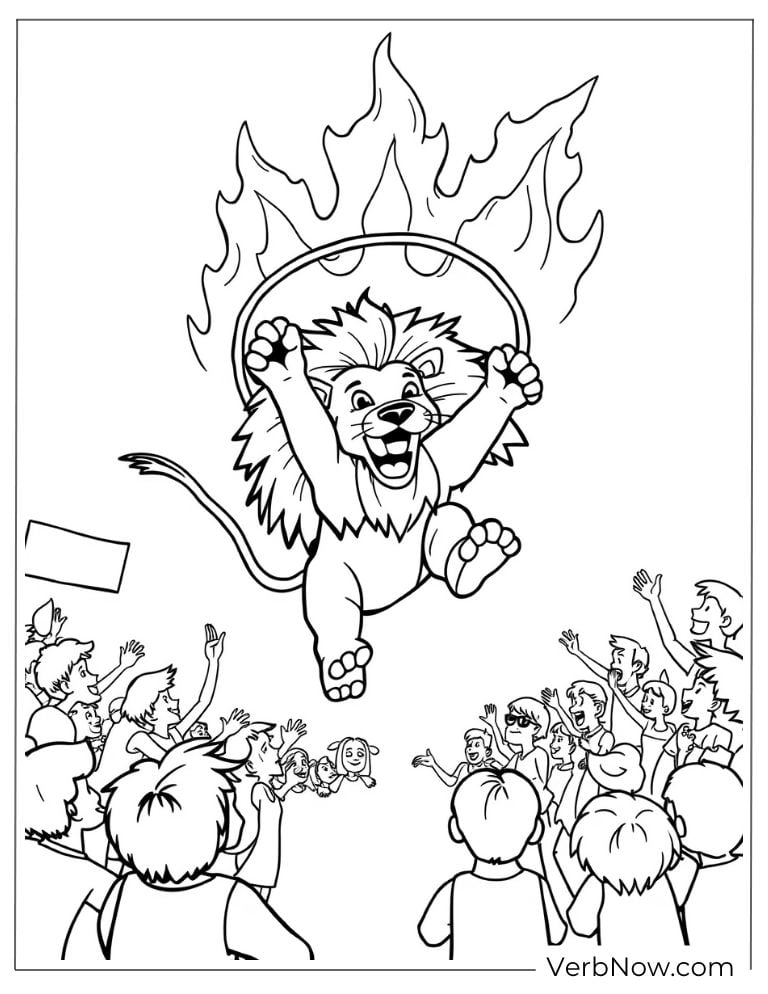 A lion jumps through a fiery hoop in front of a crowd