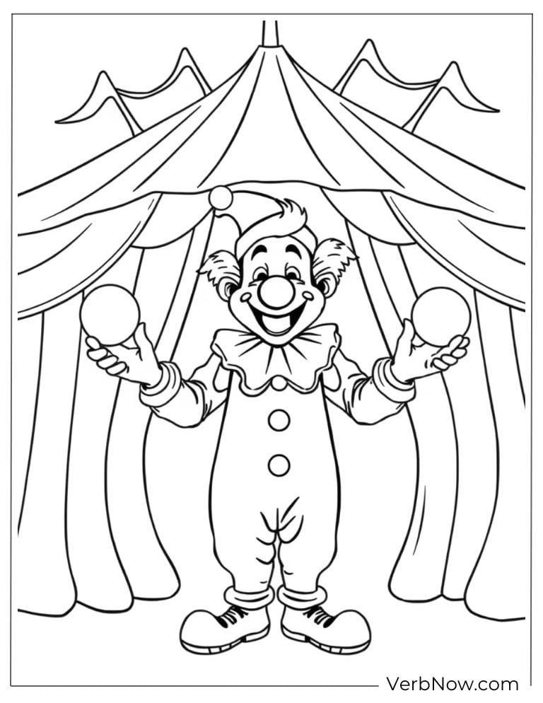 Happy clown juggles outside a circus tent