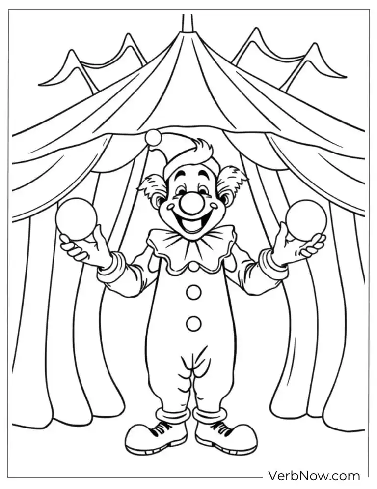 Happy clown juggles outside a circus tent