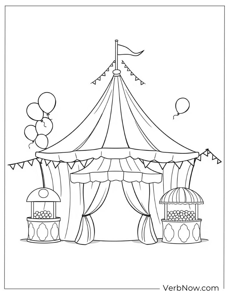Circus tent is surrounded by balloons and treat stands