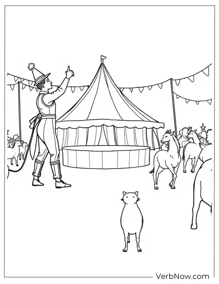 A ringmaster guides trained horses in a big top arena