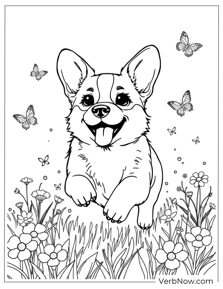 Corgi runs through a field of flowers with butterflies