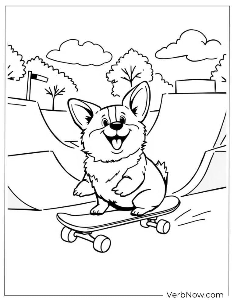 A cool corgi rides a skateboard at the skate park