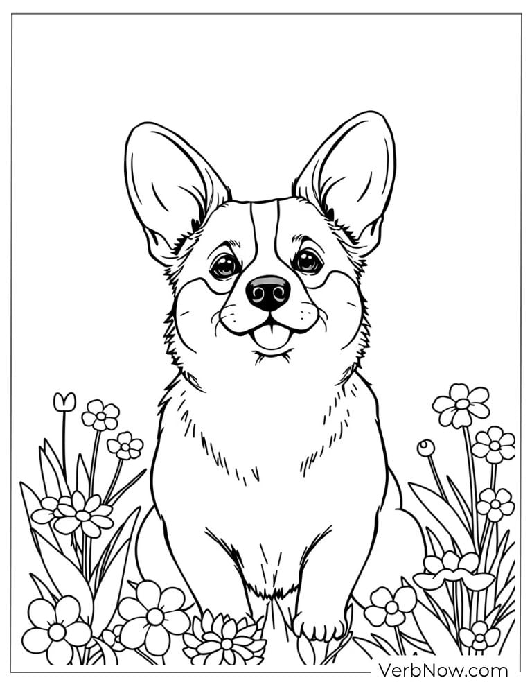 A corgi poses proudly among blooming flowers